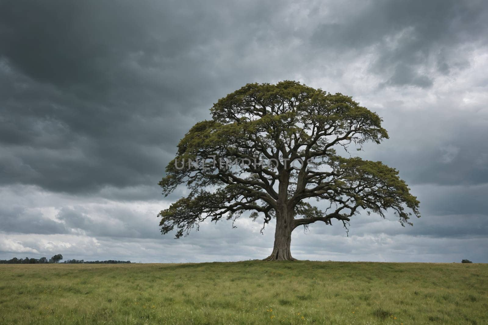 Lone tree in expansive green field, overshadowed by the dramatic onset of stormy weather.