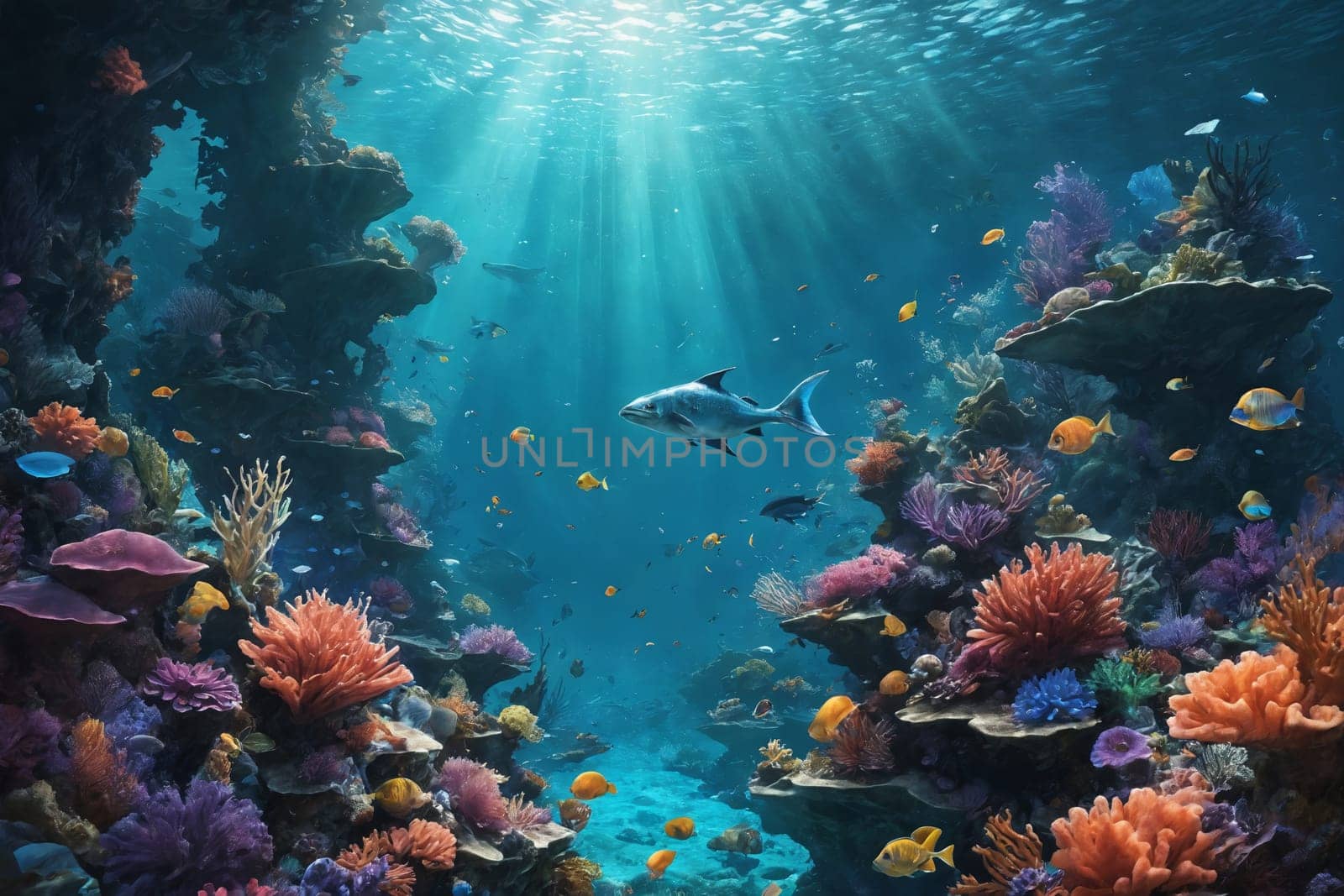 Dive into the tranquility of underwater life with this image showcasing sunlight-kissed corals and a variety of tropical fish. Ideal for marine biology or conservation themes.