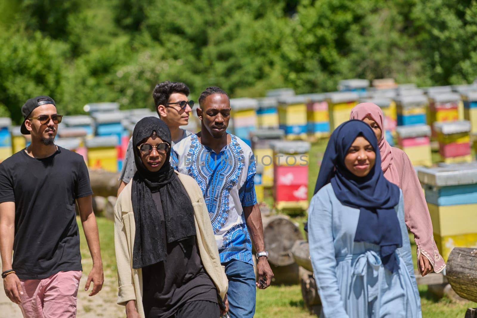 A diverse group of young friends and entrepreneurs explore small honey production businesses in the natural setting of the countryside. by dotshock