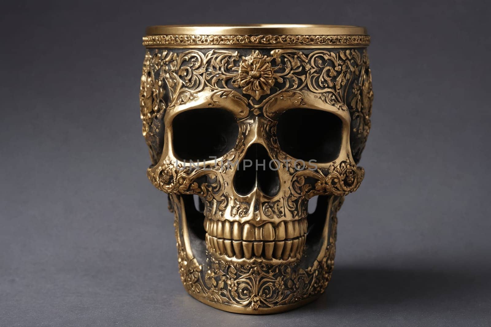 This image showcases an artistically carved skull cup. Perfect for any concepts relating to history, archaeology, or the macabre.