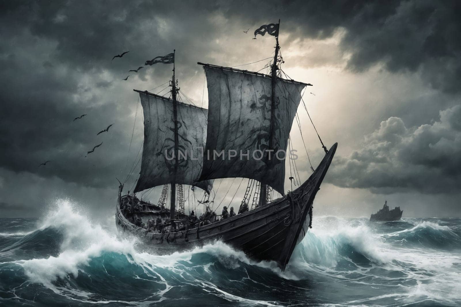 A dramatic image showing an ancient Viking ship boldly navigating through a violent storm at sea. Ideal for topics relating to resilience, history, or maritime adventures.