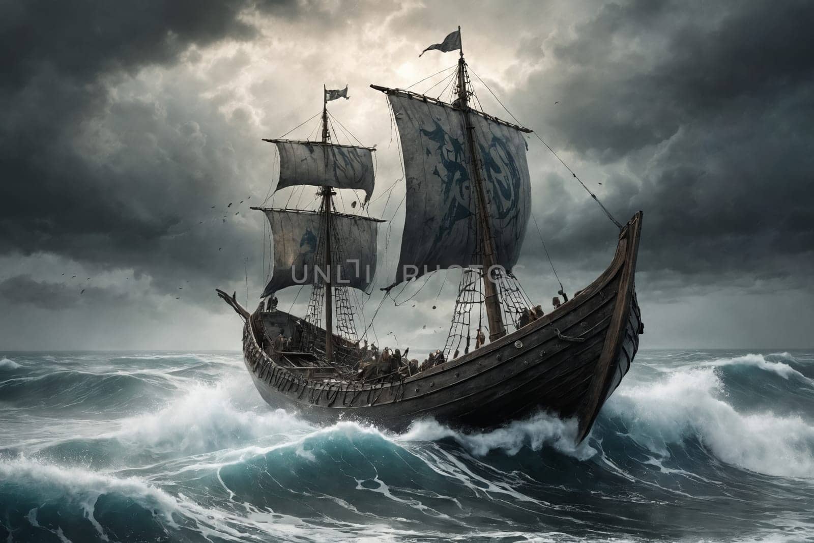 Against a backdrop of tempestuous seas and lightning-lit skies, a lone Viking vessel sails valiantly. Great for concepts related to courage, danger, or ancient seafaring.