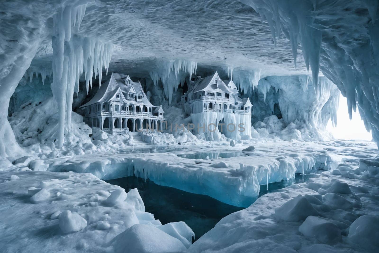 Awaken a sense of icy tranquility with this image of homes by a frozen lake, enveloped in winter's frosty grip. Perfect for illustrating winter, solitude, and peaceful environments.