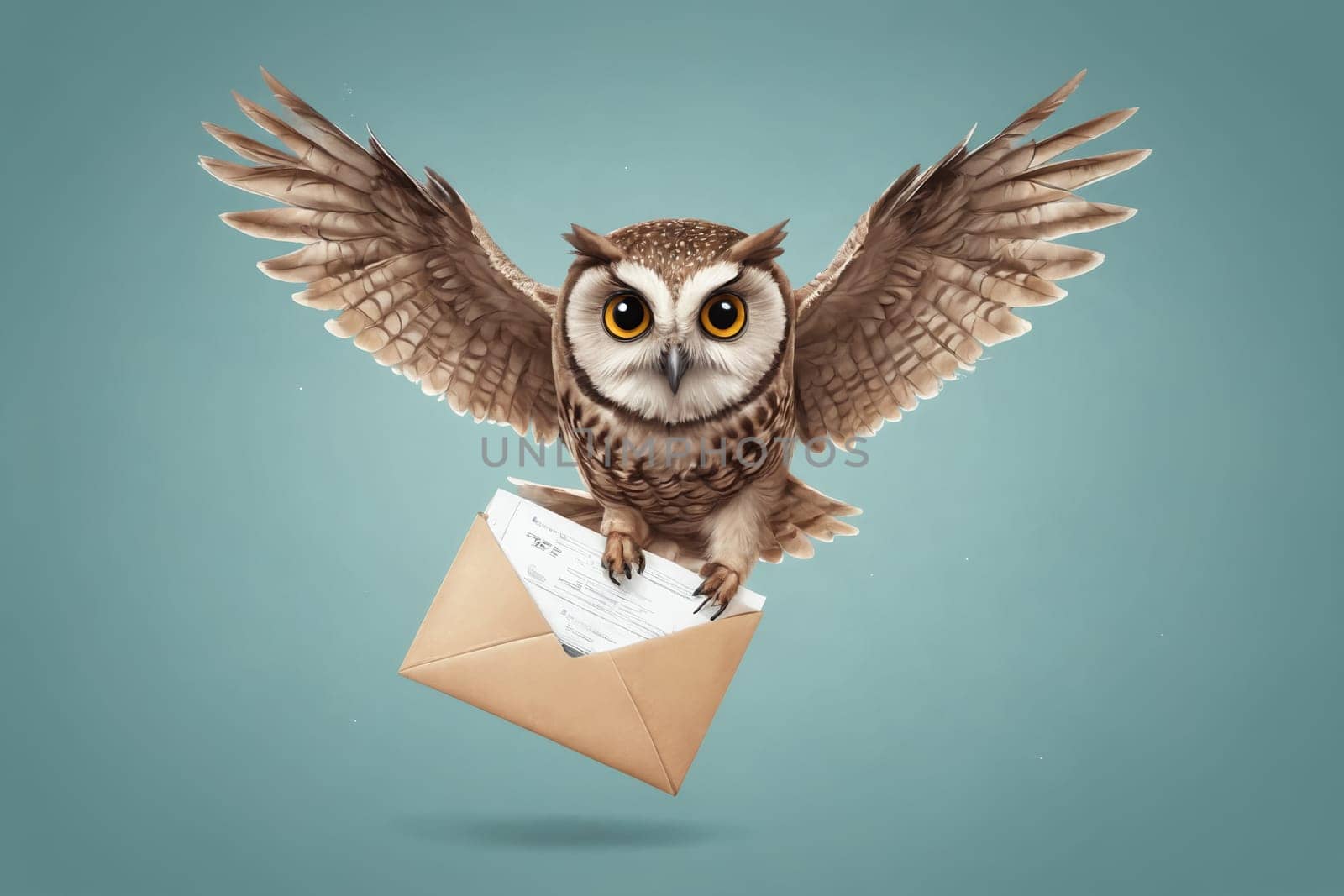 This illustration of an owl holding an envelope in its beak makes for a captivating visual, ideal for showcasing themes of communication, wisdom, or magical fantasy.