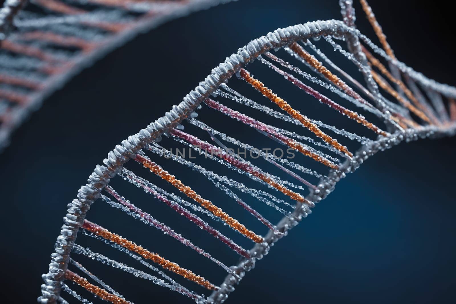 An arresting image of a blue DNA helix with a pink counterpart looming in the background, perfect for discussions on genetics, biotechnology, or scientific concepts.