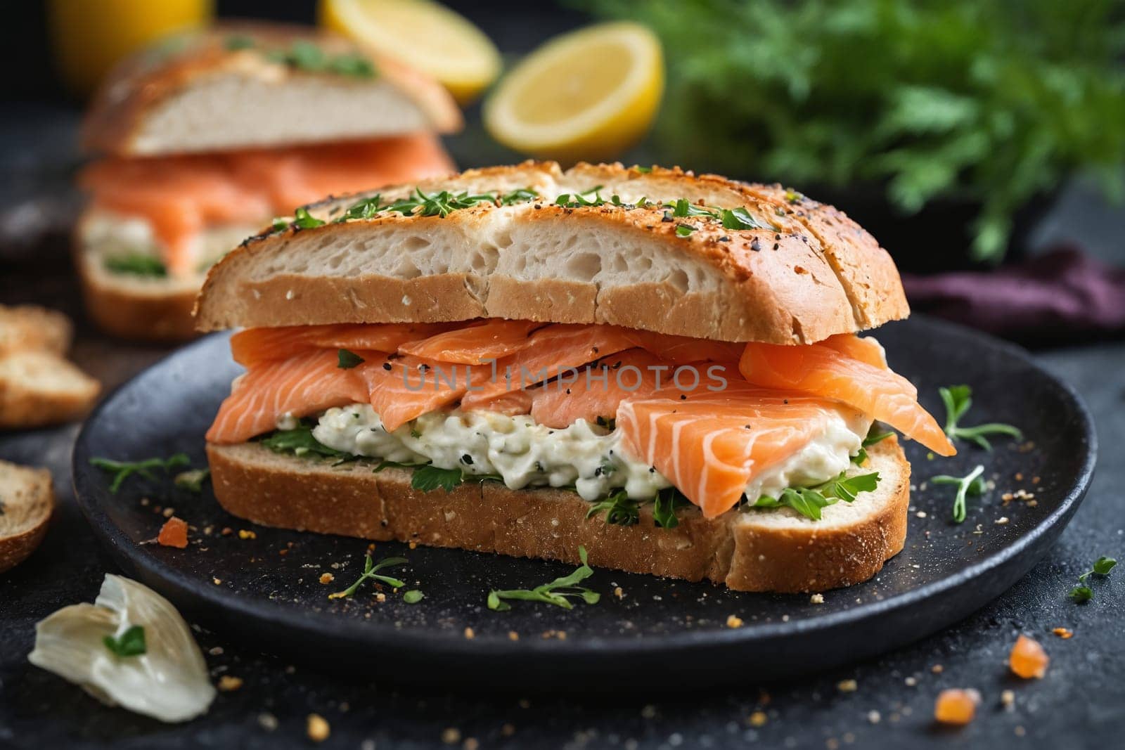 Delightful salmon sandwich with herbed cream cheese on rye, garnished with parsley.