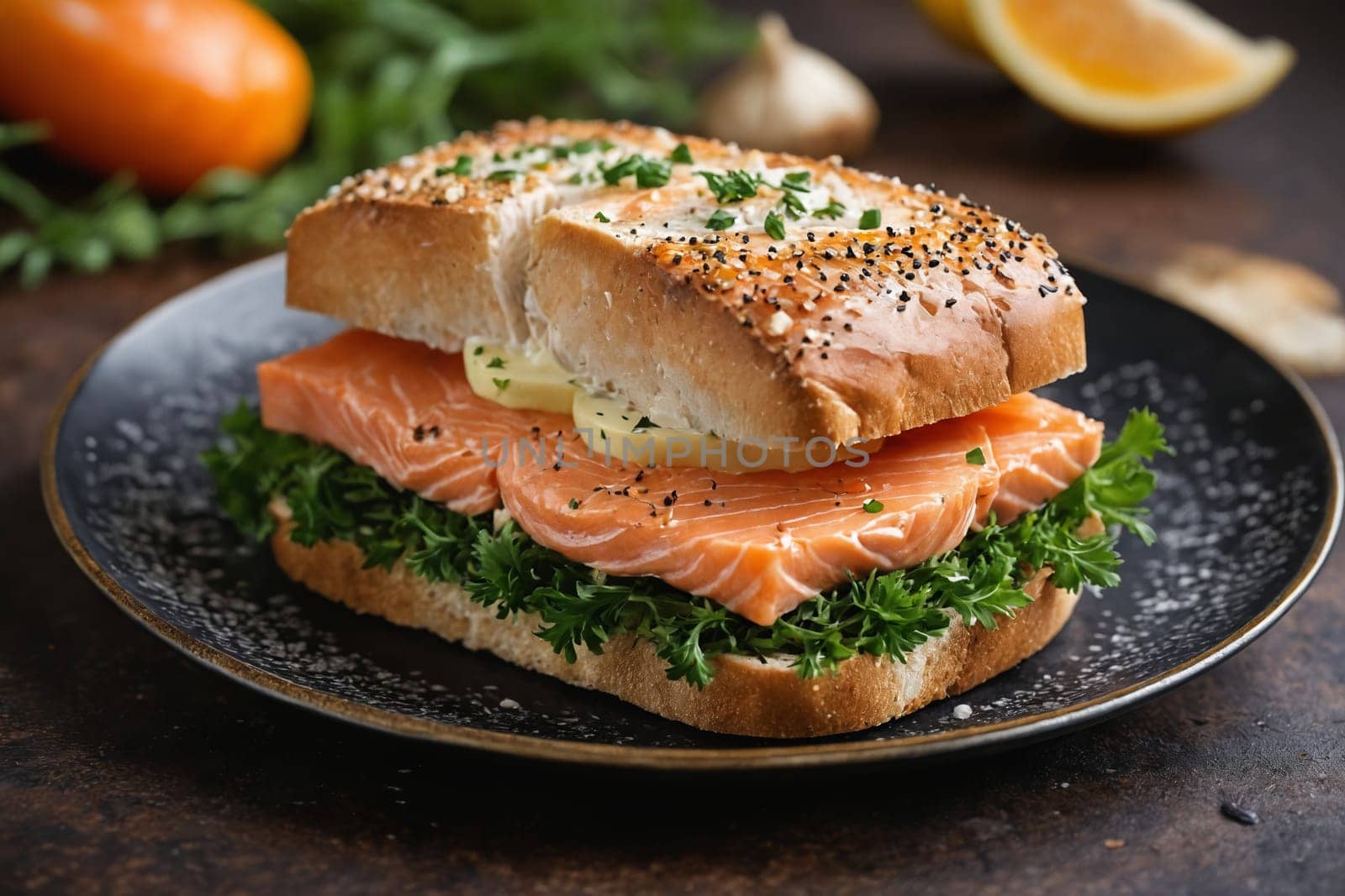 Smoked salmon layered with dill-infused cream cheese on rye bread, elegantly served.