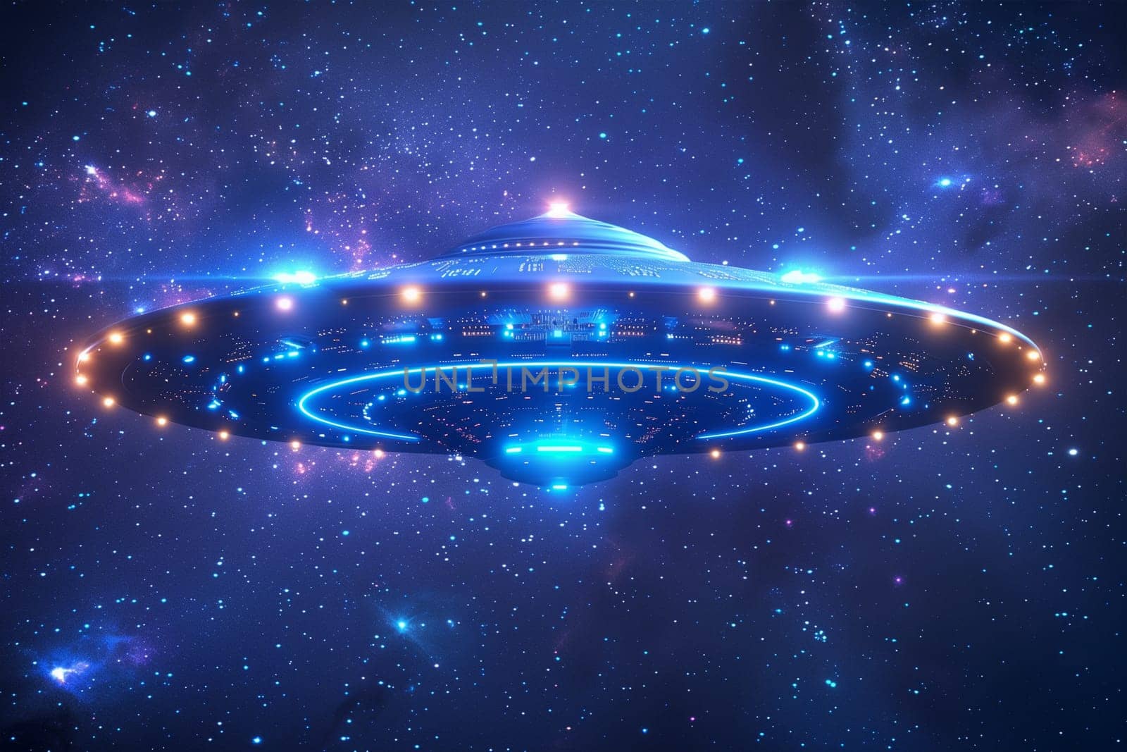 A futuristic UFO hovers above a blue surface, illuminated by bright red and blue lights.