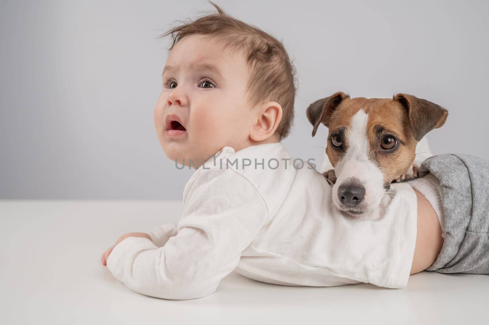 Cute baby boy and Jack Russell terrier dog lying in an embrace on a white background