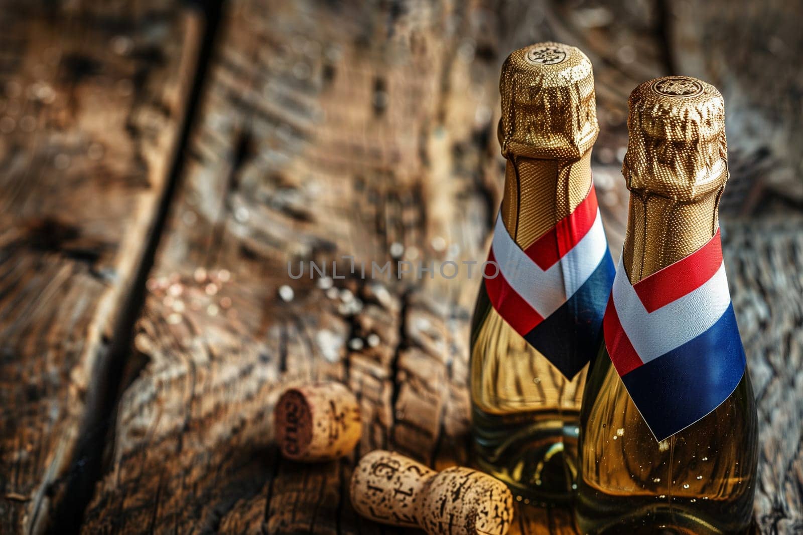 Two Bottles of French Champagne With Red, White, and Blue Labels on Rustic Wood by Sd28DimoN_1976