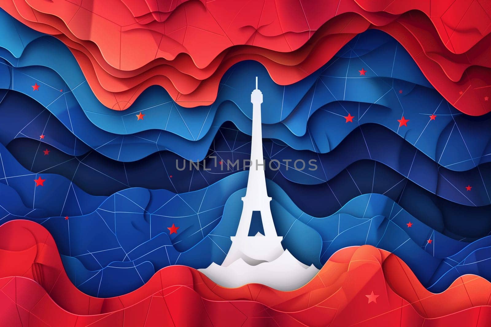 A digital illustration of the Eiffel Tower, created in a papercut style. The background is layered with blue, red, and white, representing the French flag, with small stars scattered throughout.