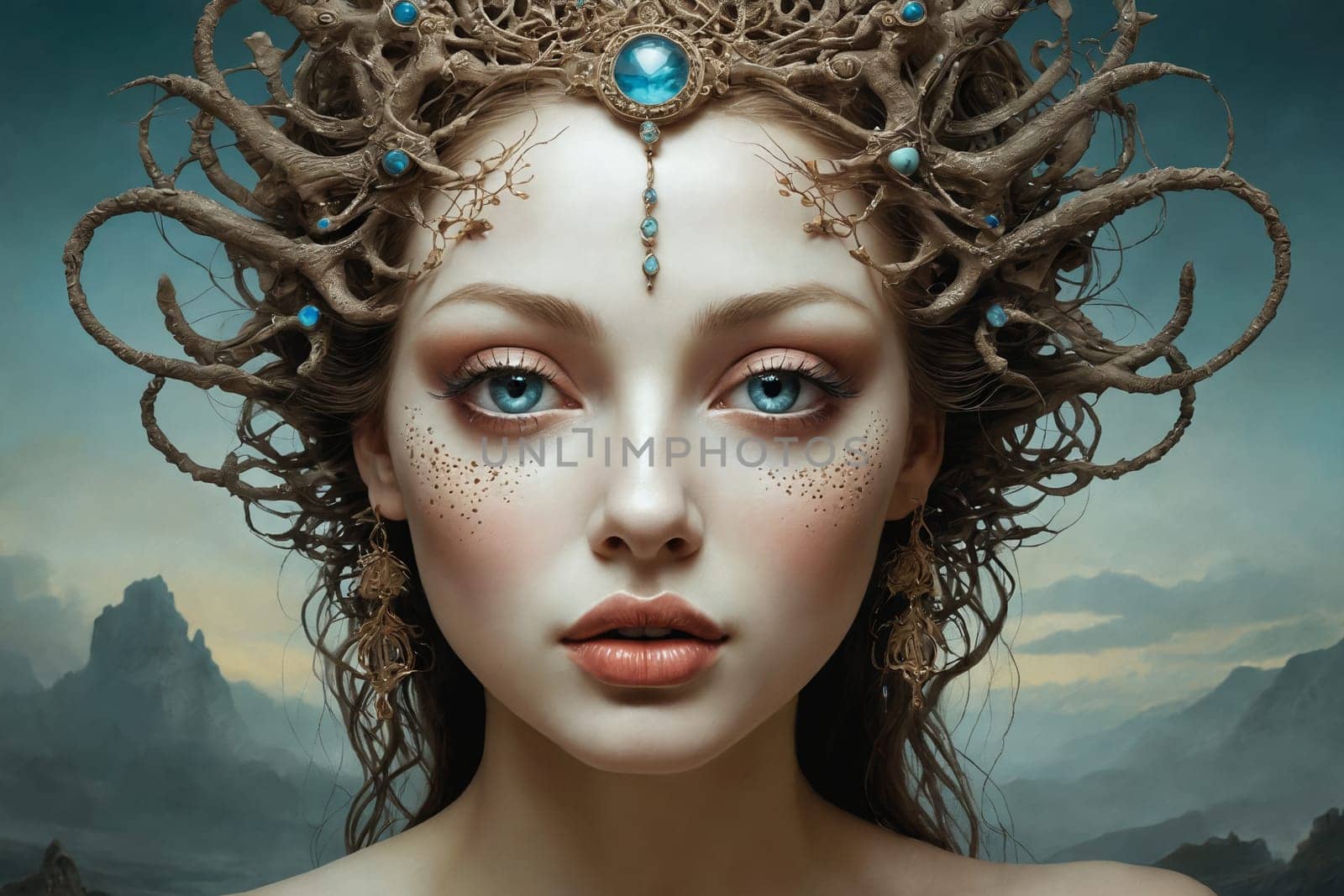 An ethereal young woman adorned with blue gemstone jewelry blends with nature in this minimalist, surreal artwork.