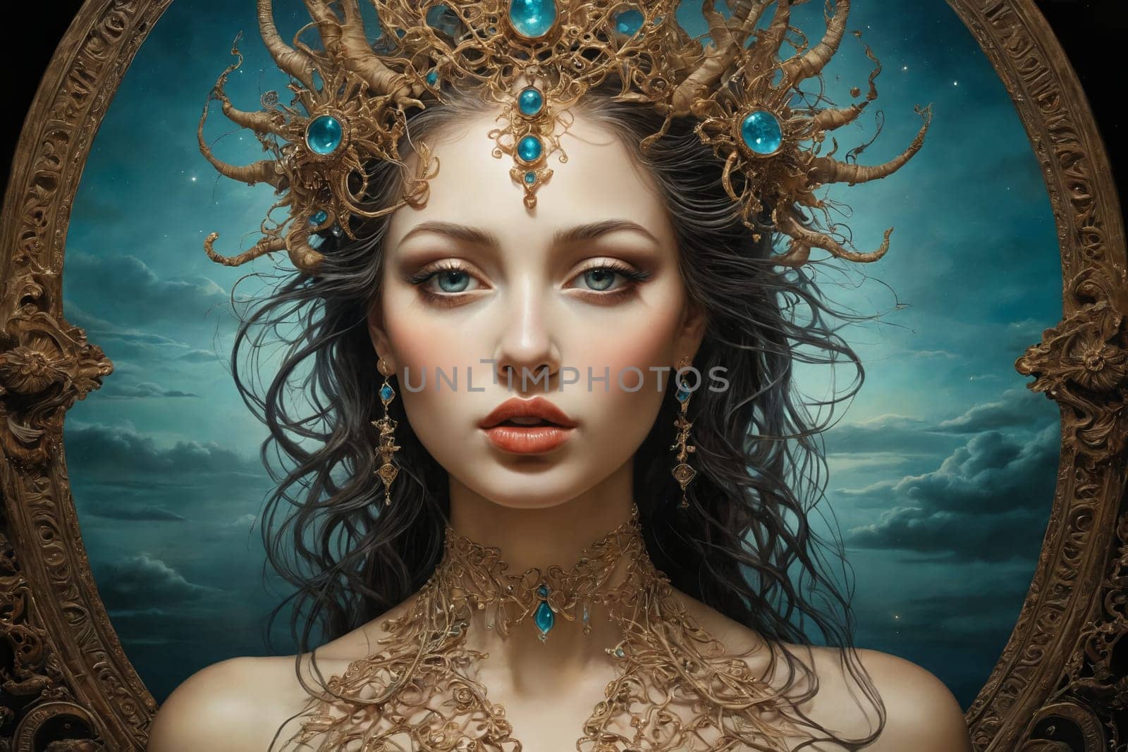 A mystical goddess with blue gemstone jewelry emerges from earthy roots in this surreal portrait against a simple landscape.