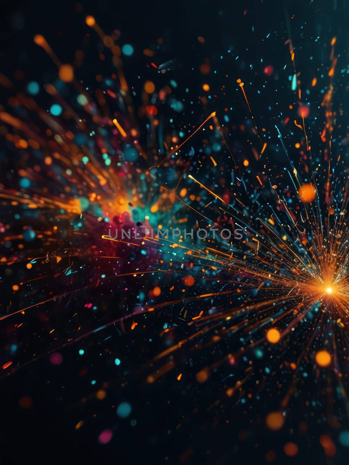 Dynamical particles floating in black background.Brightly coloured particles .Fireworks.Wallpaper. AI generated. Copy space