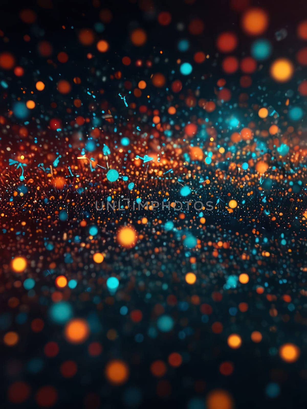 Glitter colour dots of light floating in dark atmosphere. Abstract background by VeroDibe