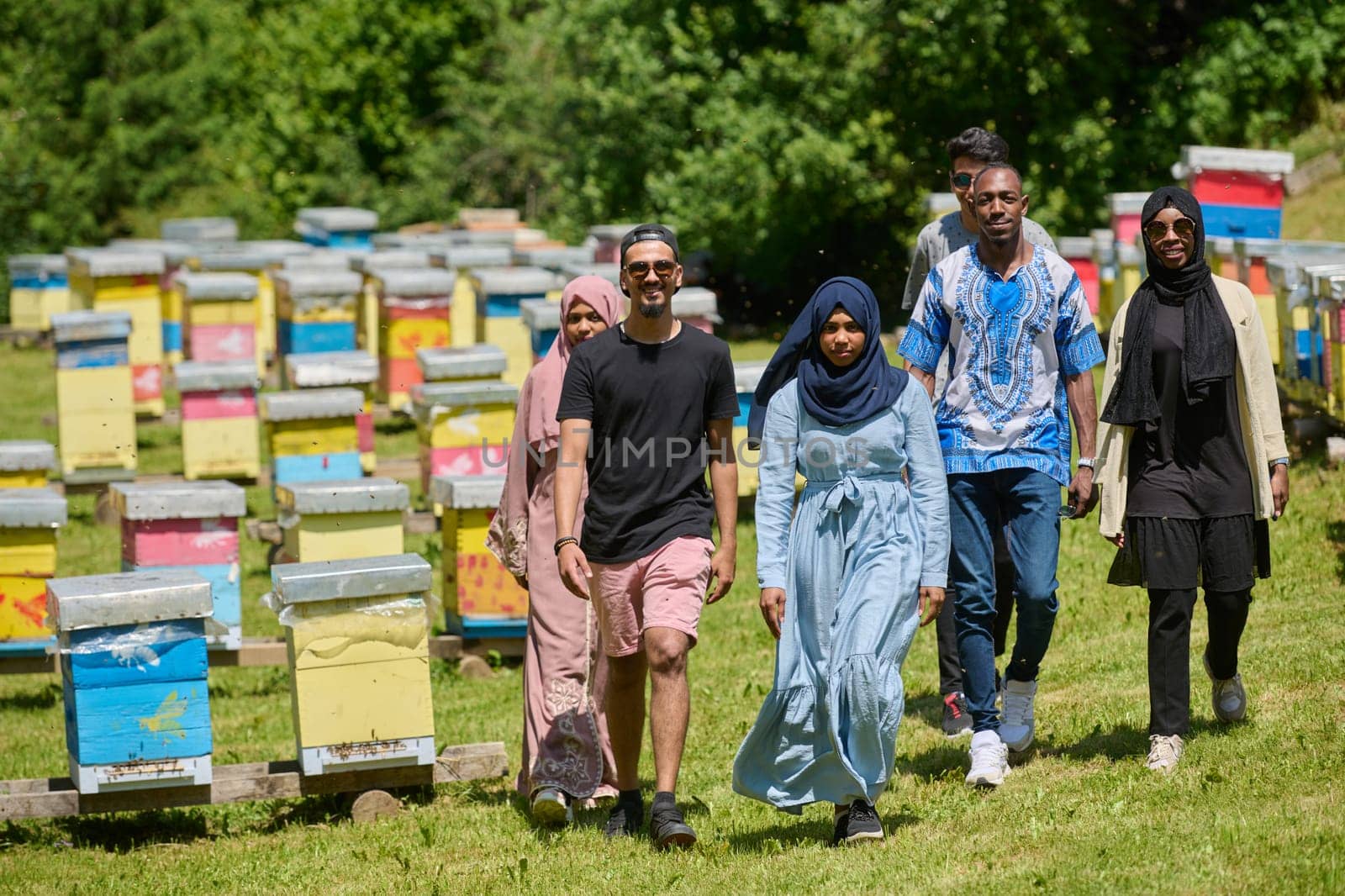 A diverse group of young friends and entrepreneurs explore small honey production businesses in the natural setting of the countryside. by dotshock