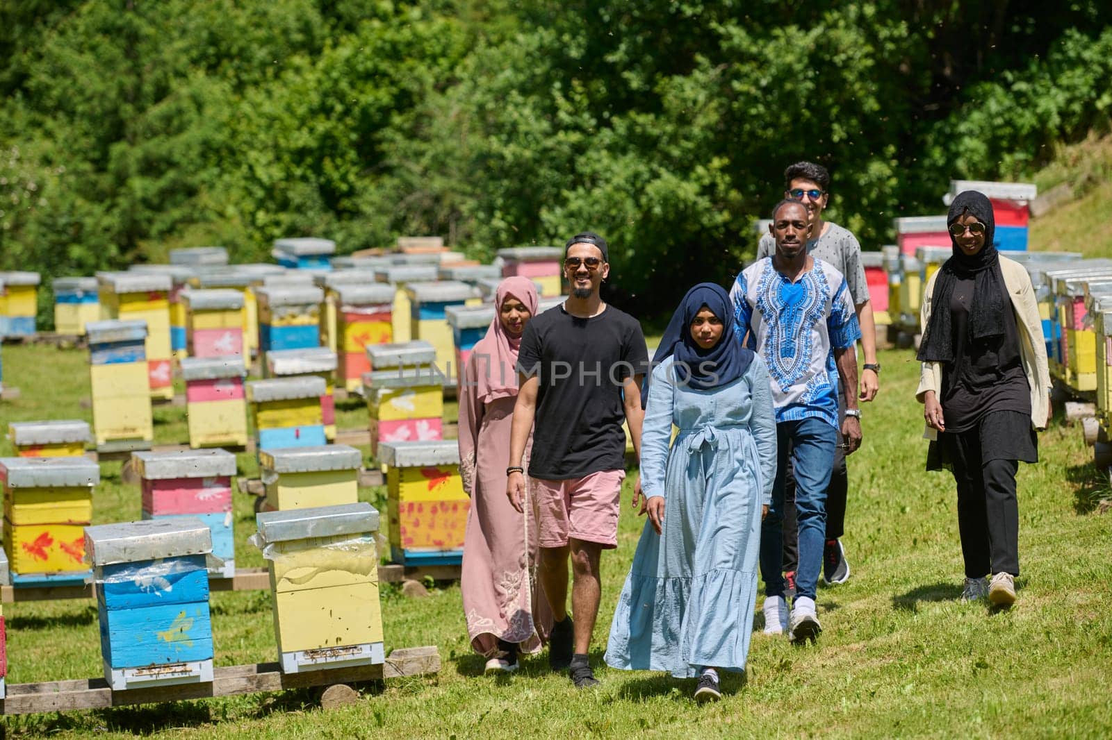 A diverse group of young friends and entrepreneurs explore small honey production businesses in the natural setting of the countryside. by dotshock