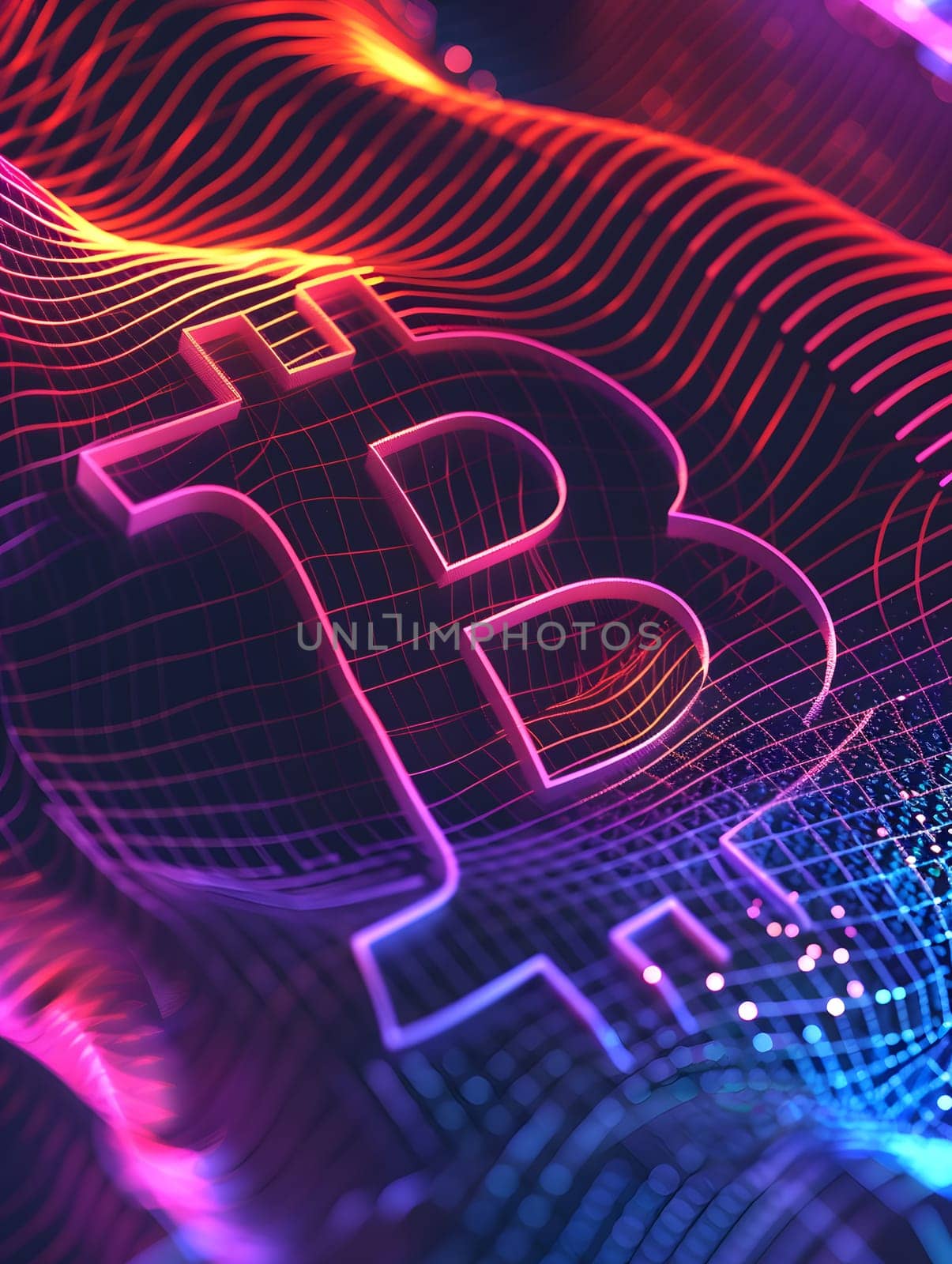 A close up of a glowing bitcoin symbol in electric blue on a magenta and red background with visual effect lighting, creating a neon pattern