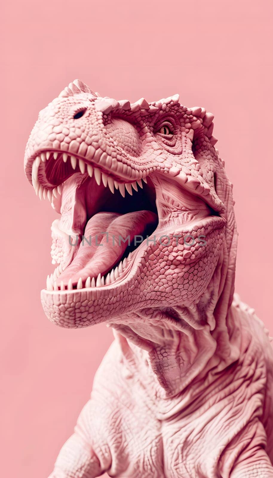 Closeup of a pink dinosaur sculpture with open jaws on pink background by Nadtochiy