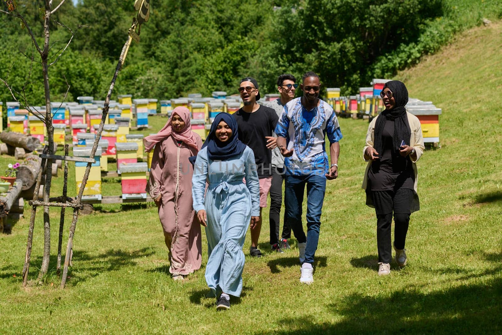 A diverse group of young friends and entrepreneurs explore small honey production businesses in the natural setting of the countryside. by dotshock