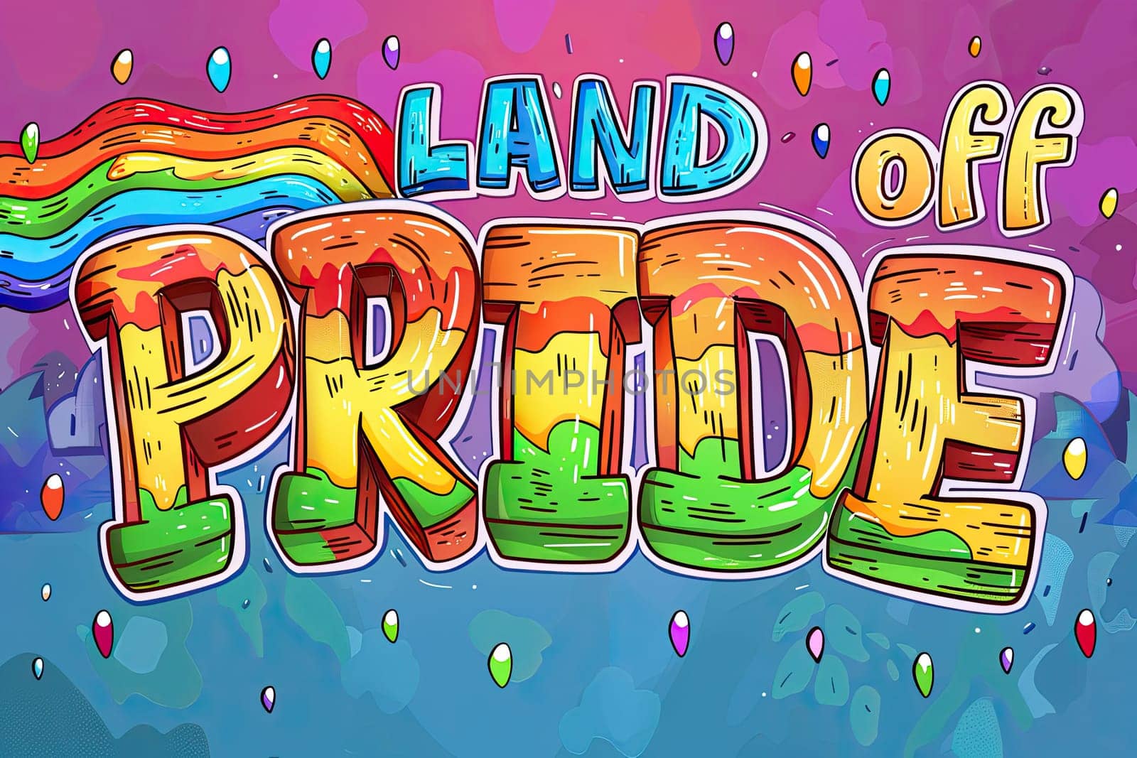 Land of pride is a colorful poster with a rainbow.