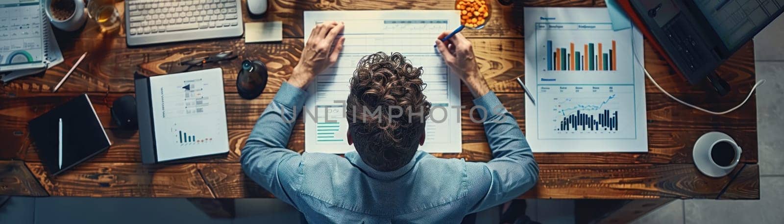 A man is sitting at a desk with a lot of papers and graphs.