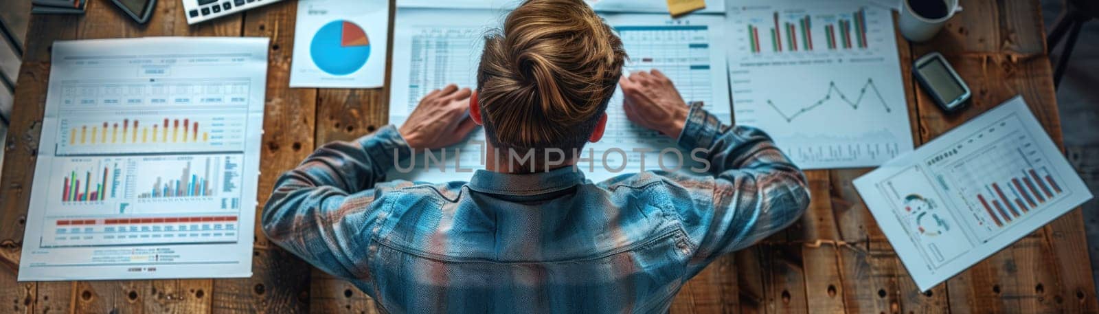 A man is sitting at a desk with a lot of papers and graphs.