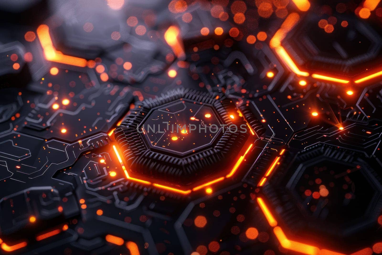Close up of a black and red hexagonal pattern with glowing lights.