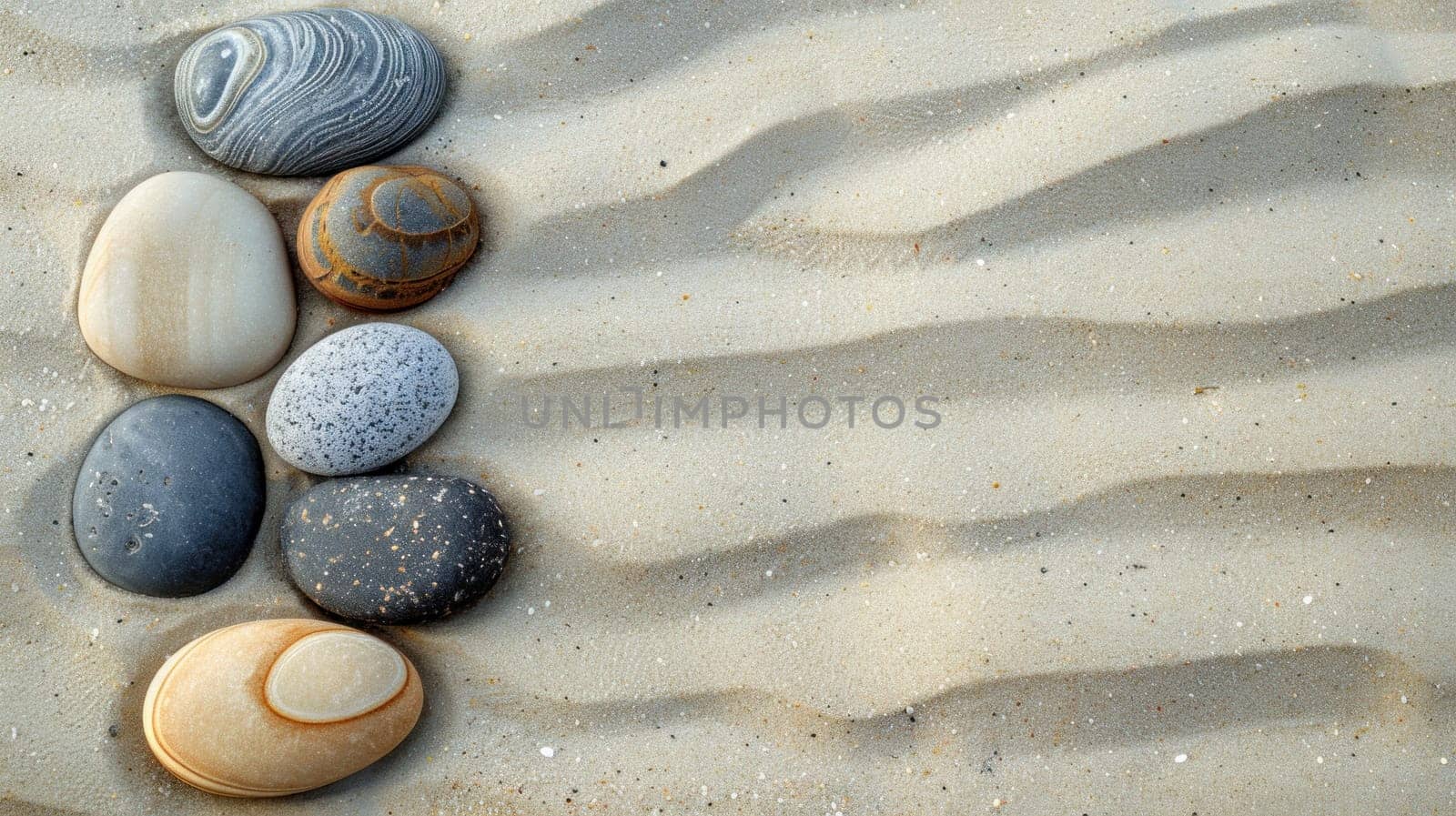 A row of white and brown rocks on a sandy beach.
