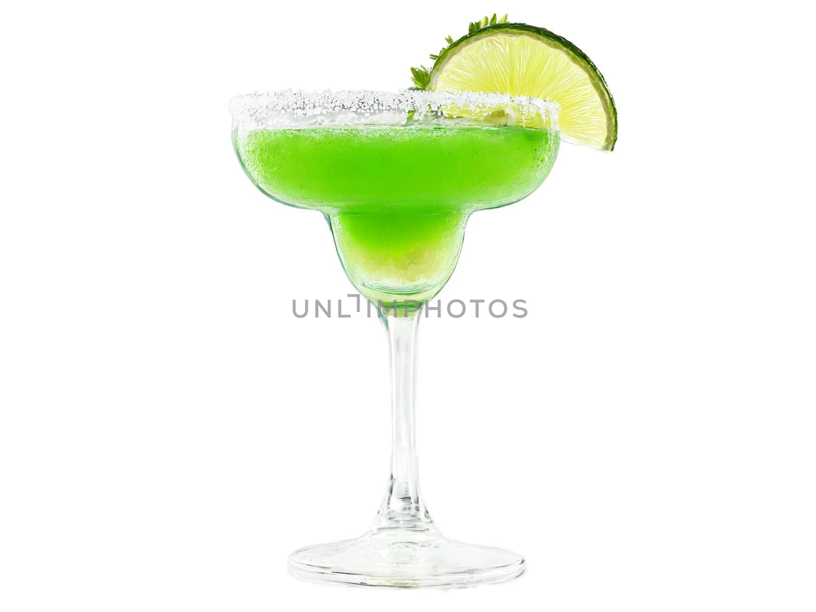 Margarita Madness a colorful margarita glass filled with a tangy green liquid garnished. Drink isolated on transparent background.