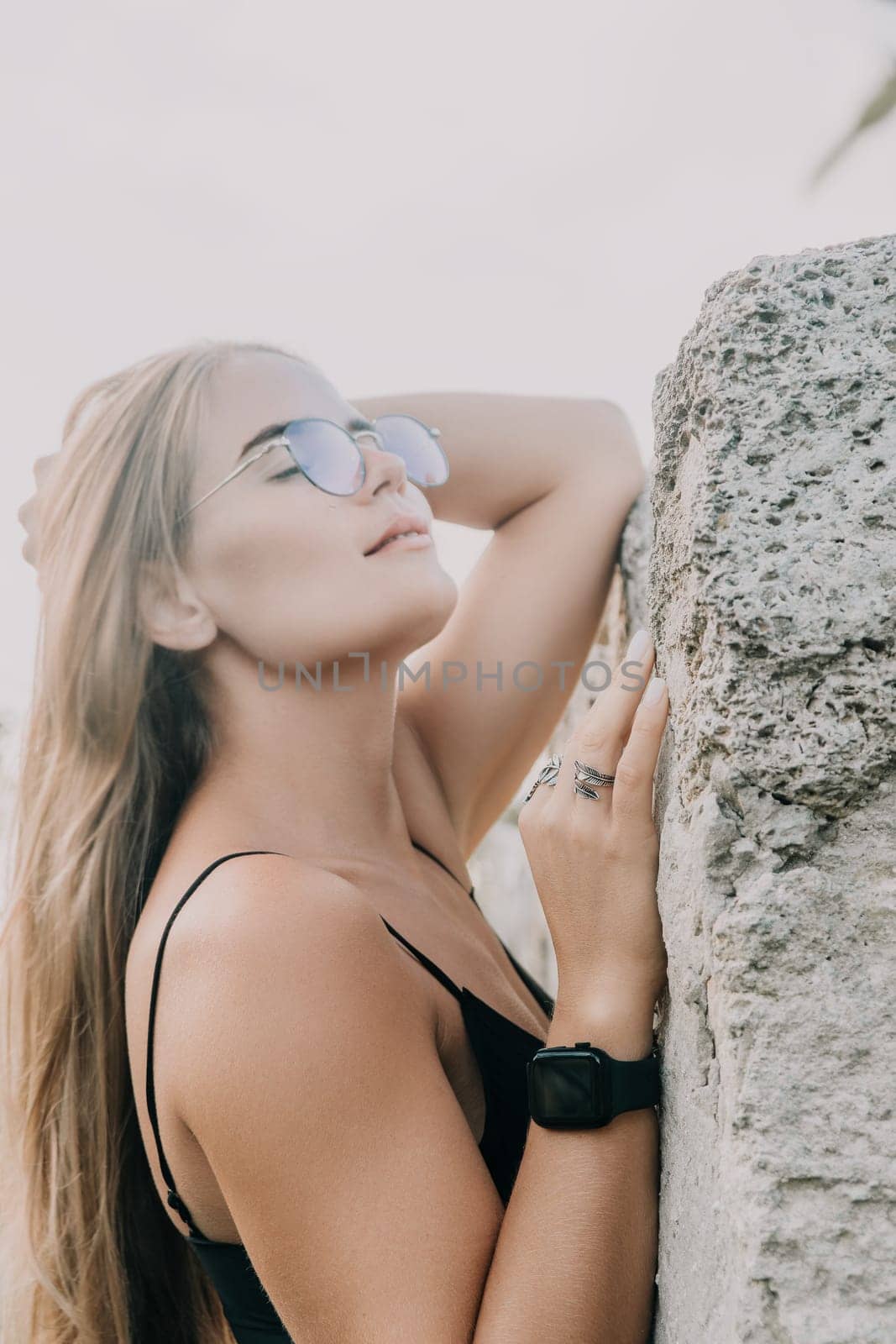 Woman summer travel. Happy tourist enjoy taking selfie photo outdoors for memories. Woman traveler posing in summer park on sunset, sharing travel adventure journey by panophotograph