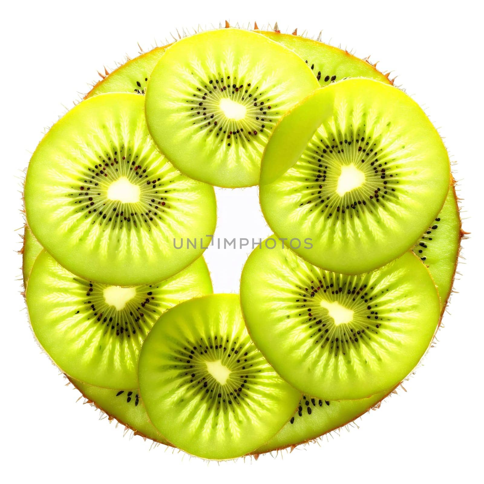 Kiwi Starburst Shape Vibrant green kiwi slices arranged in a starburst pattern with seeds floating by panophotograph