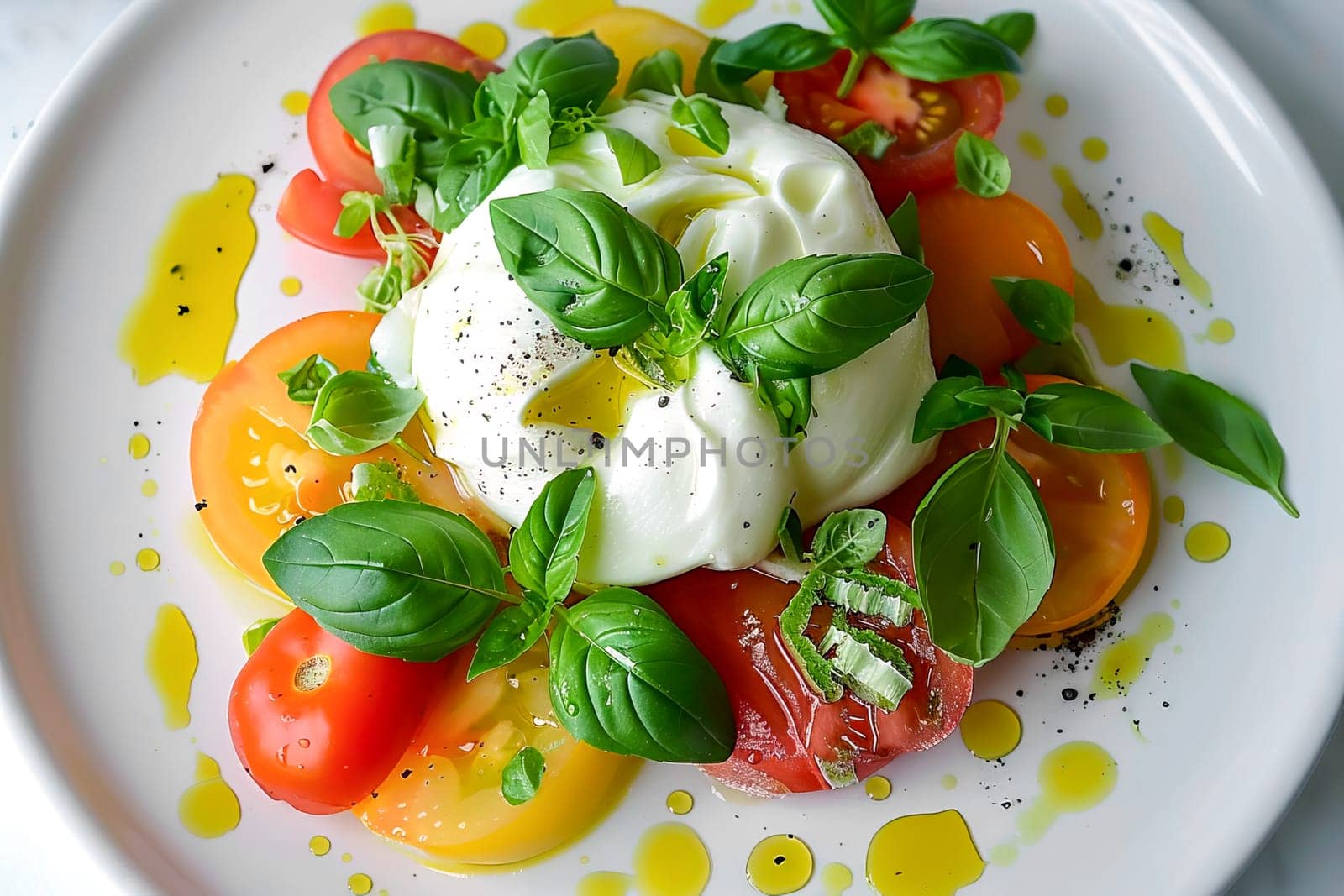 Burrata cheese on the surface of a colorful tomato salad with basil leaves and olive oil. Healthy food. AI generated.