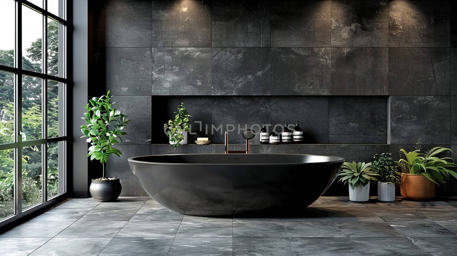 Elegant bathroom interior in a luxury house. Black bathroom with a large panoramic window.