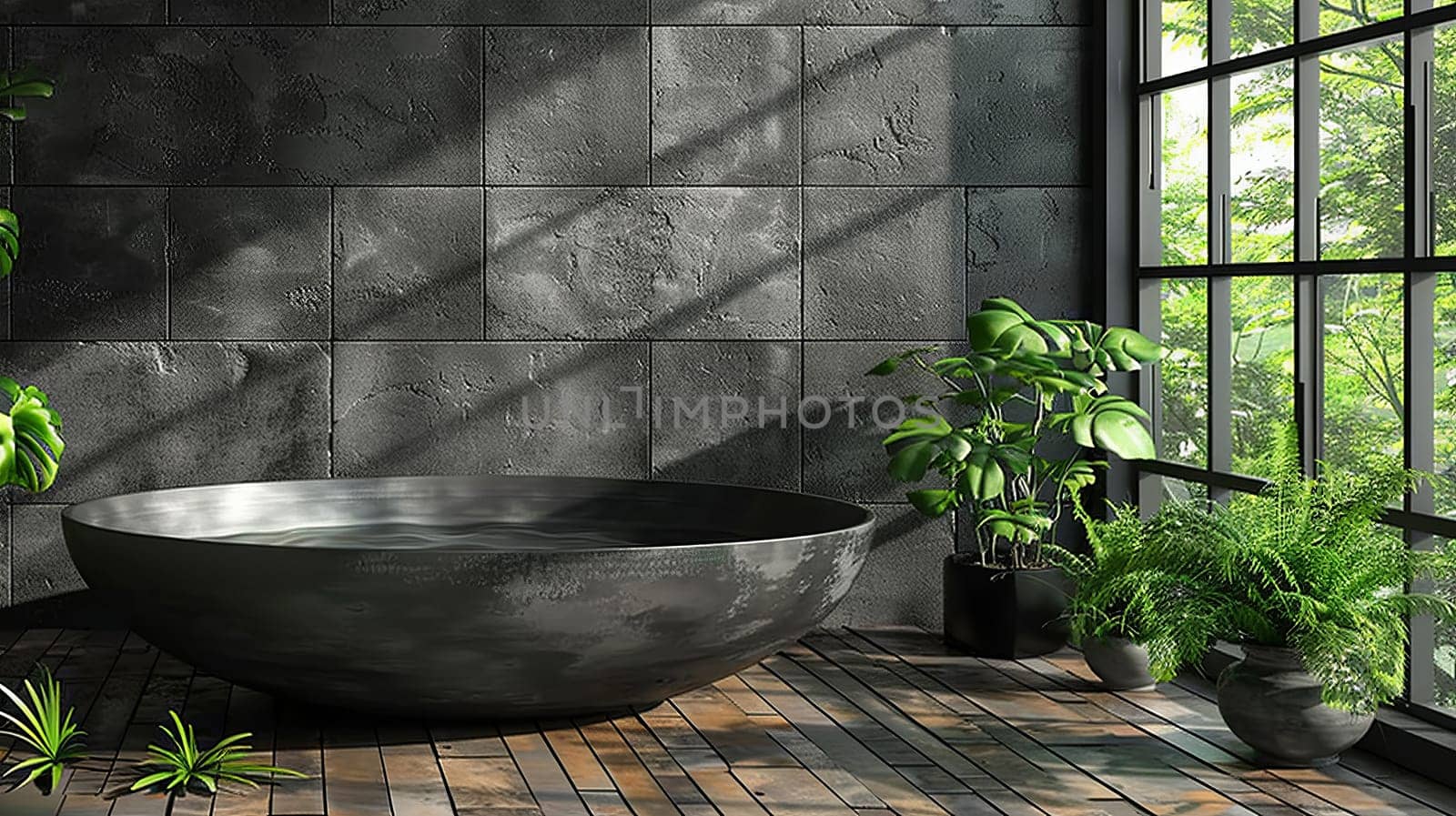 Modern bathroom interior with black walls and black bathtub.