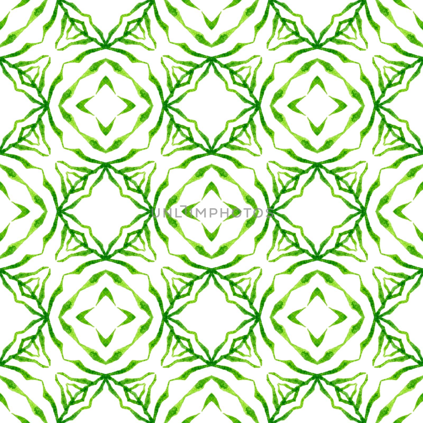 Textile ready amusing print, swimwear fabric, wallpaper, wrapping. Green bizarre boho chic summer design. Ikat repeating swimwear design. Watercolor ikat repeating tile border.