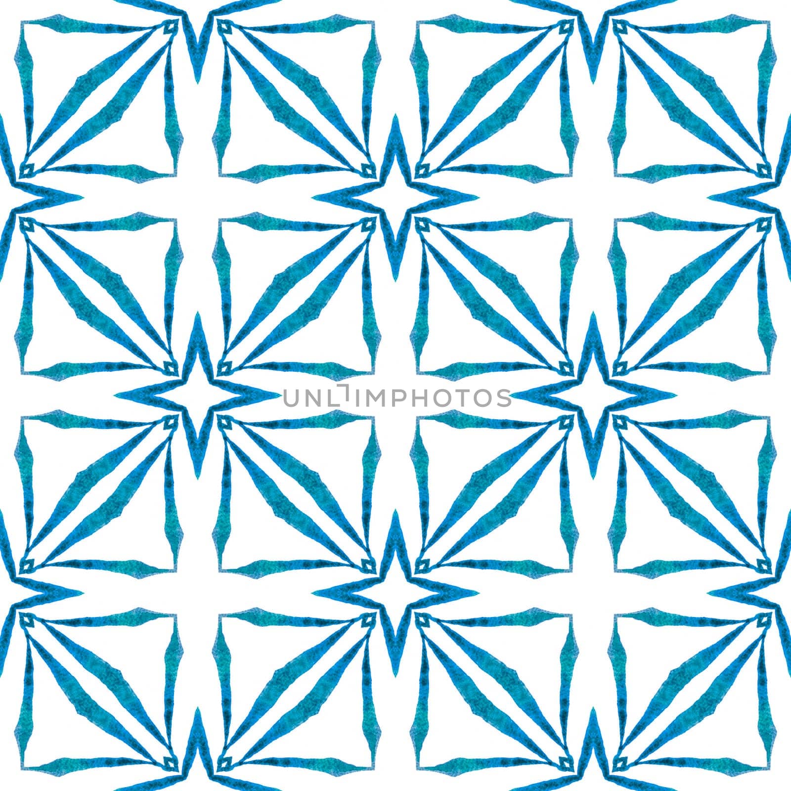 Textile ready grand print, swimwear fabric, wallpaper, wrapping. Blue extraordinary boho chic summer design. Ikat repeating swimwear design. Watercolor ikat repeating tile border.