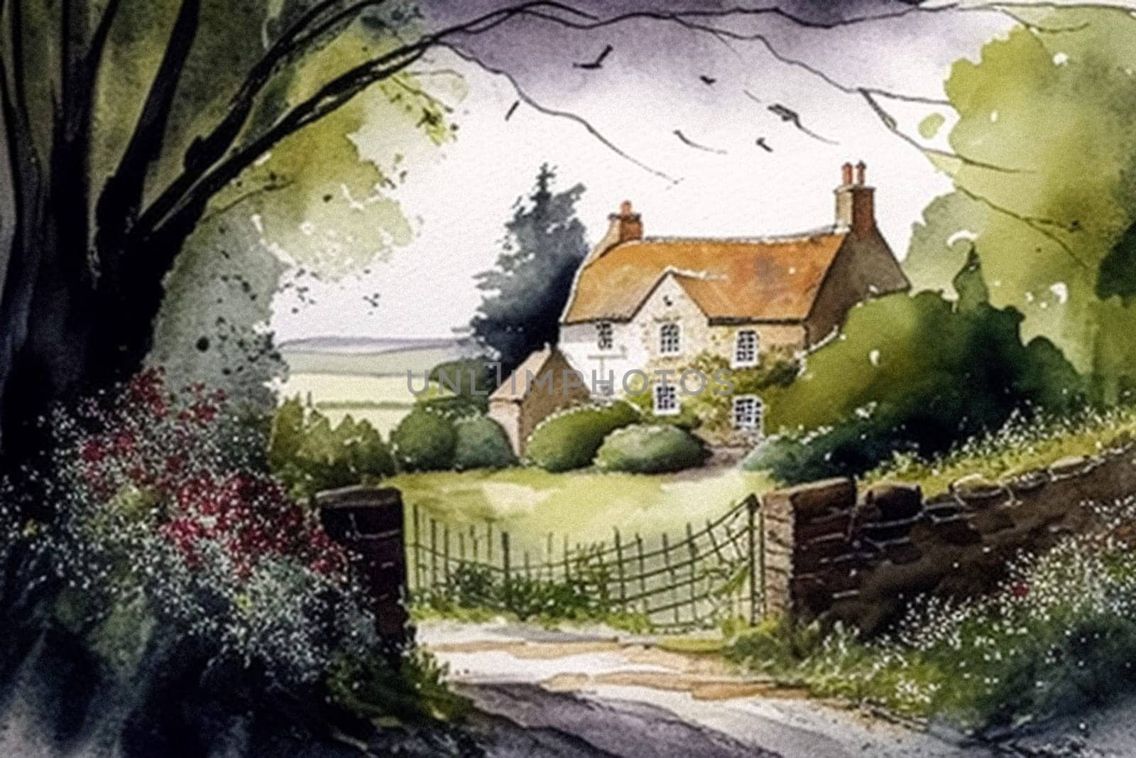 Fine art watercolour painting of the English countryside landscape, romantic nature evoking a sense of tranquility and natural beauty, printable art design idea