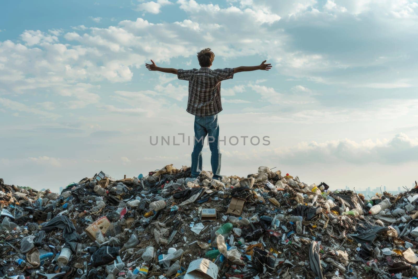 Boy eco activist standing in the top of a big pile of trash claiming help and support for the environment.