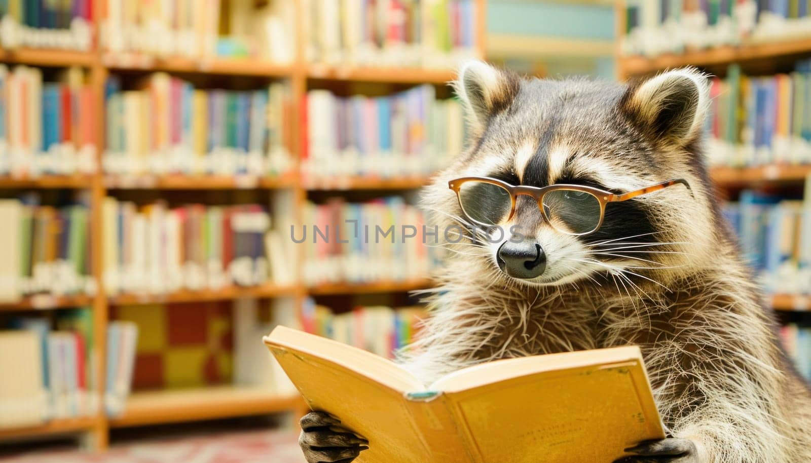 In the library, a raccoon with glasses is engrossed in a book, sitting calmly and undisturbed without any disruptions