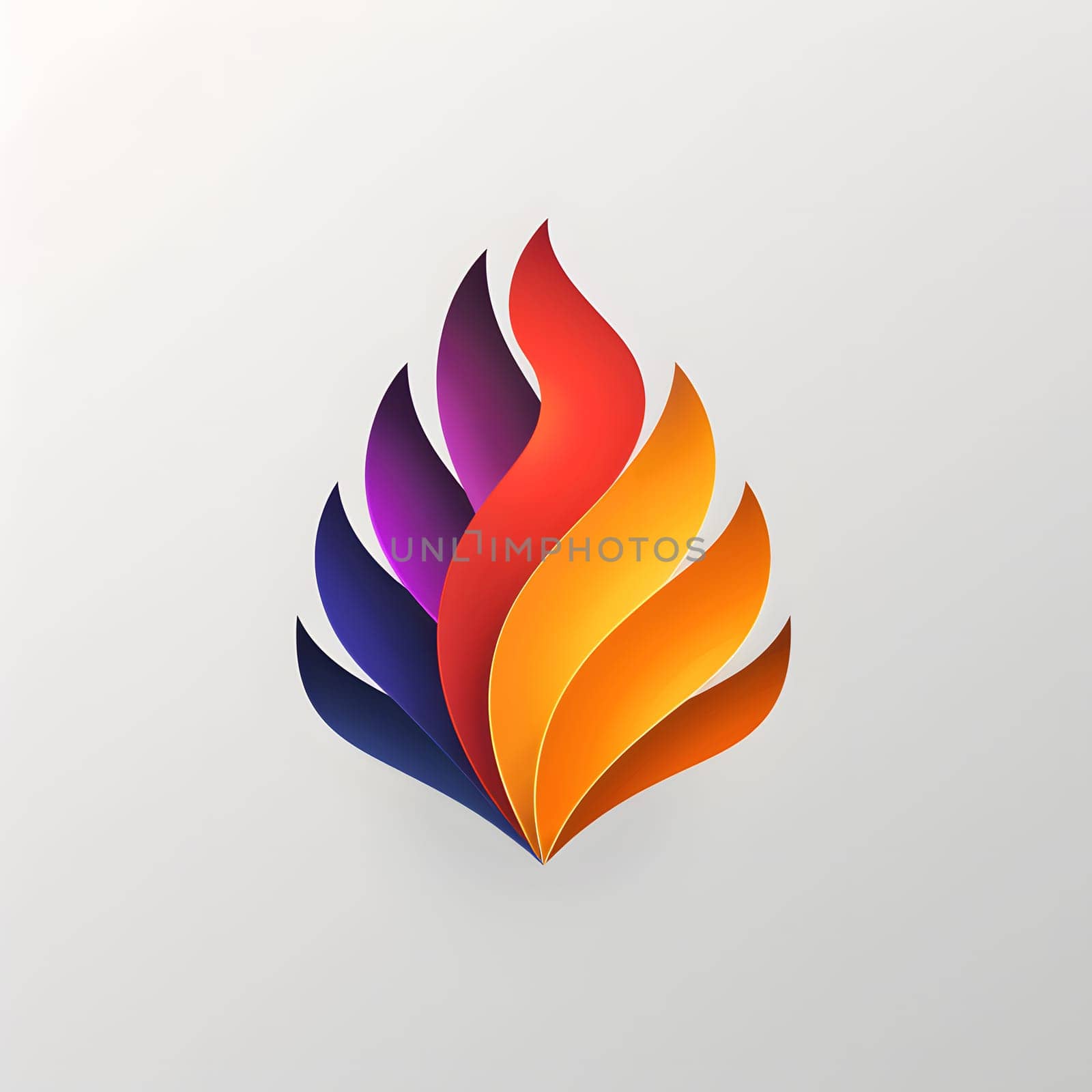 A vibrant flame design with colorful tints and shades on a clean white background, resembling a beautiful petal or wing. Artistic and bold, like a unique logo or automotive design