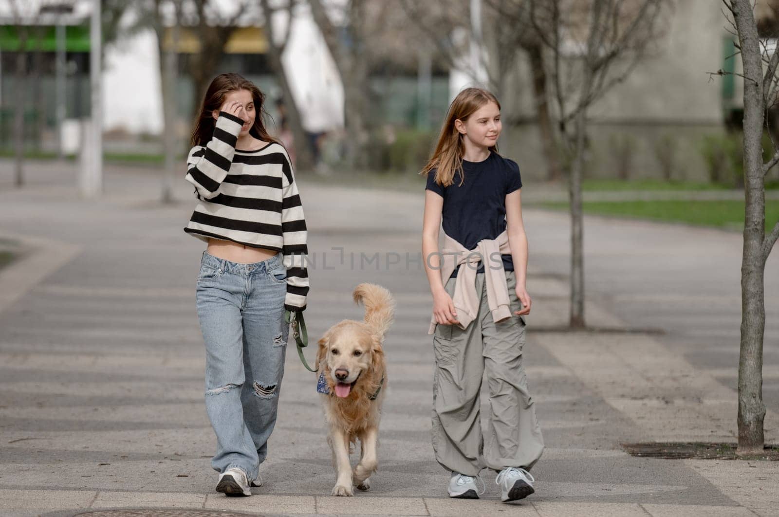 Two Sisters With A Golden Retriever Are Walking On The Street In Summer