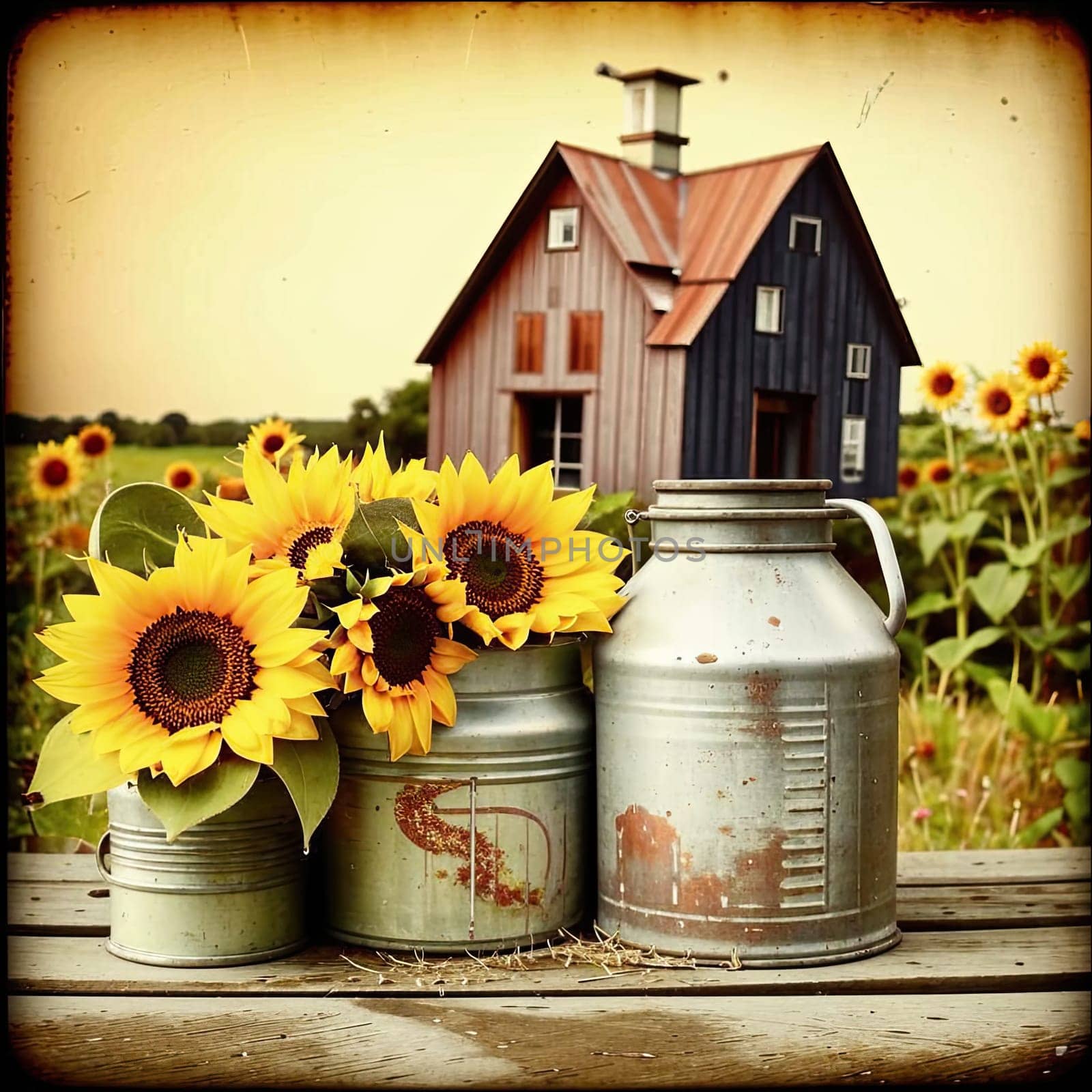 Vintage image of a rural farm wooden house with an antique milk can, a dilapidated barn, a bouquet of sunflowers. Junk journal. photograph with wear and tear. Country mood.