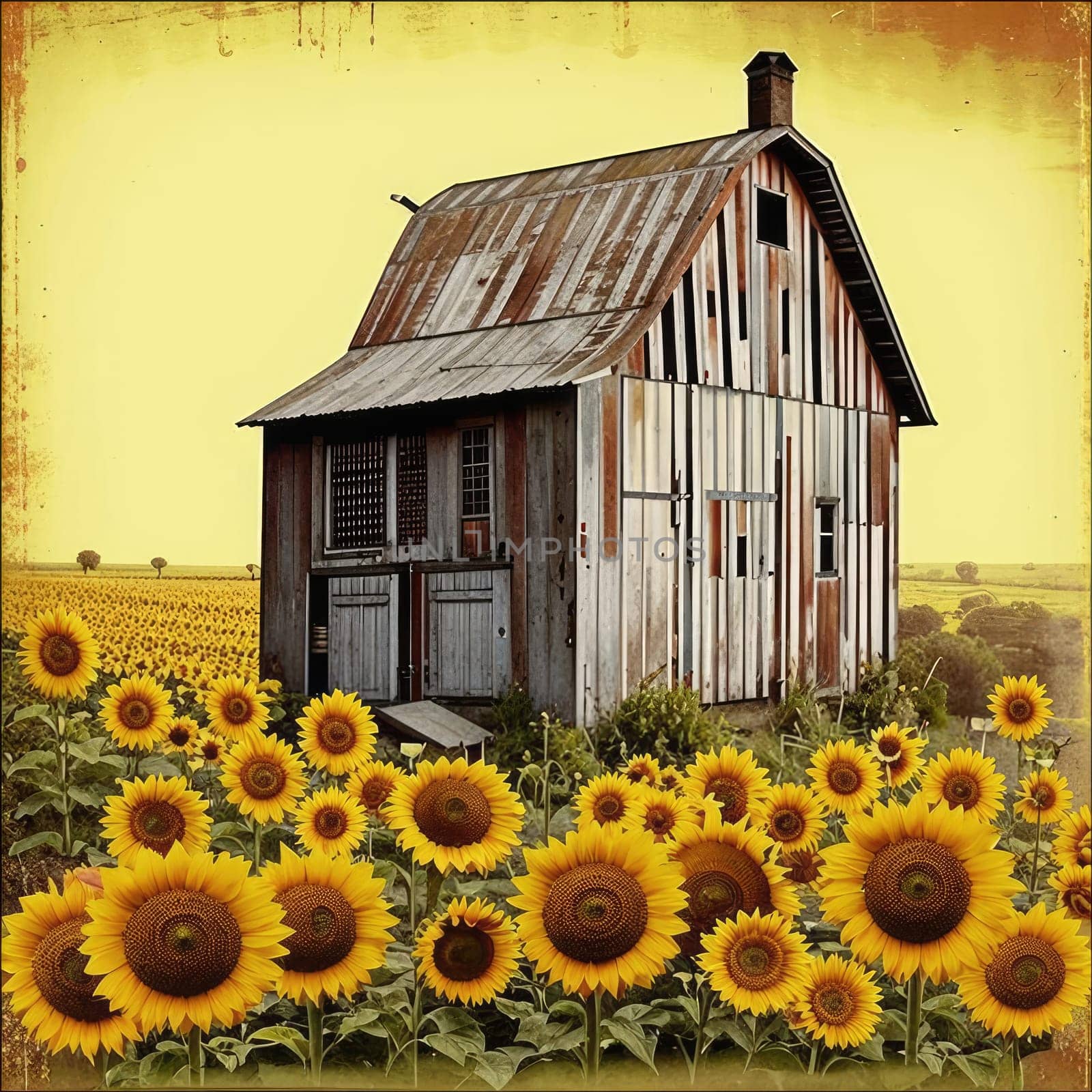 Vintage image of a rural farm wooden house with an antique milk can, a dilapidated barn, a bouquet of sunflowers. Junk journal. photograph with wear and tear. Country mood.