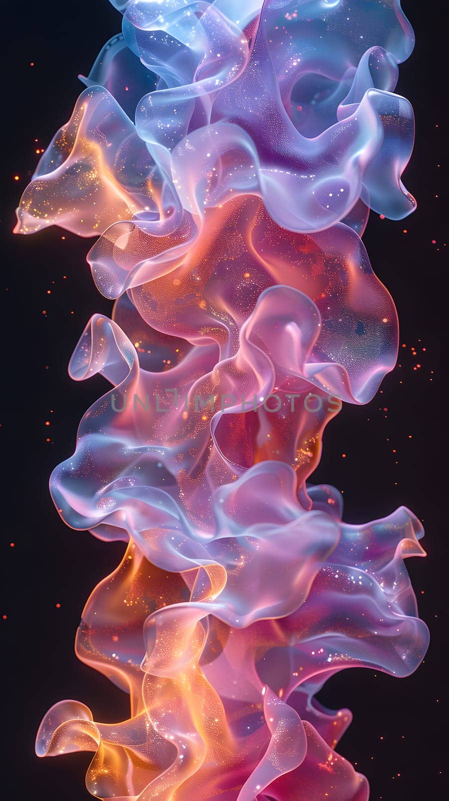 A close up of a vibrant purple smoke swirling out of a bottle against a black background, resembling an electric blue organism with petallike patterns. An artistic display of gas in a unique font