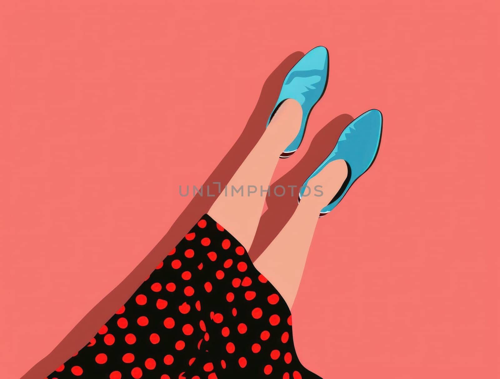 Woman's legs in polka dot dress and blue shoes for fashion and beauty magazine editorial shot by Vichizh