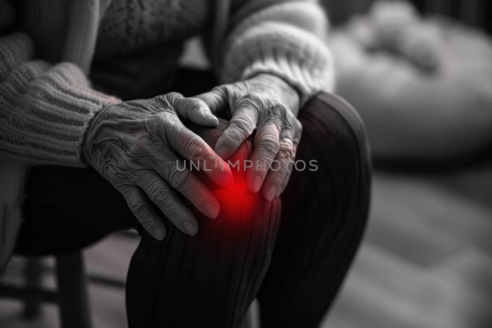 Elderly woman with painful knee needs medical care for joint pain in black and white photo by Vichizh