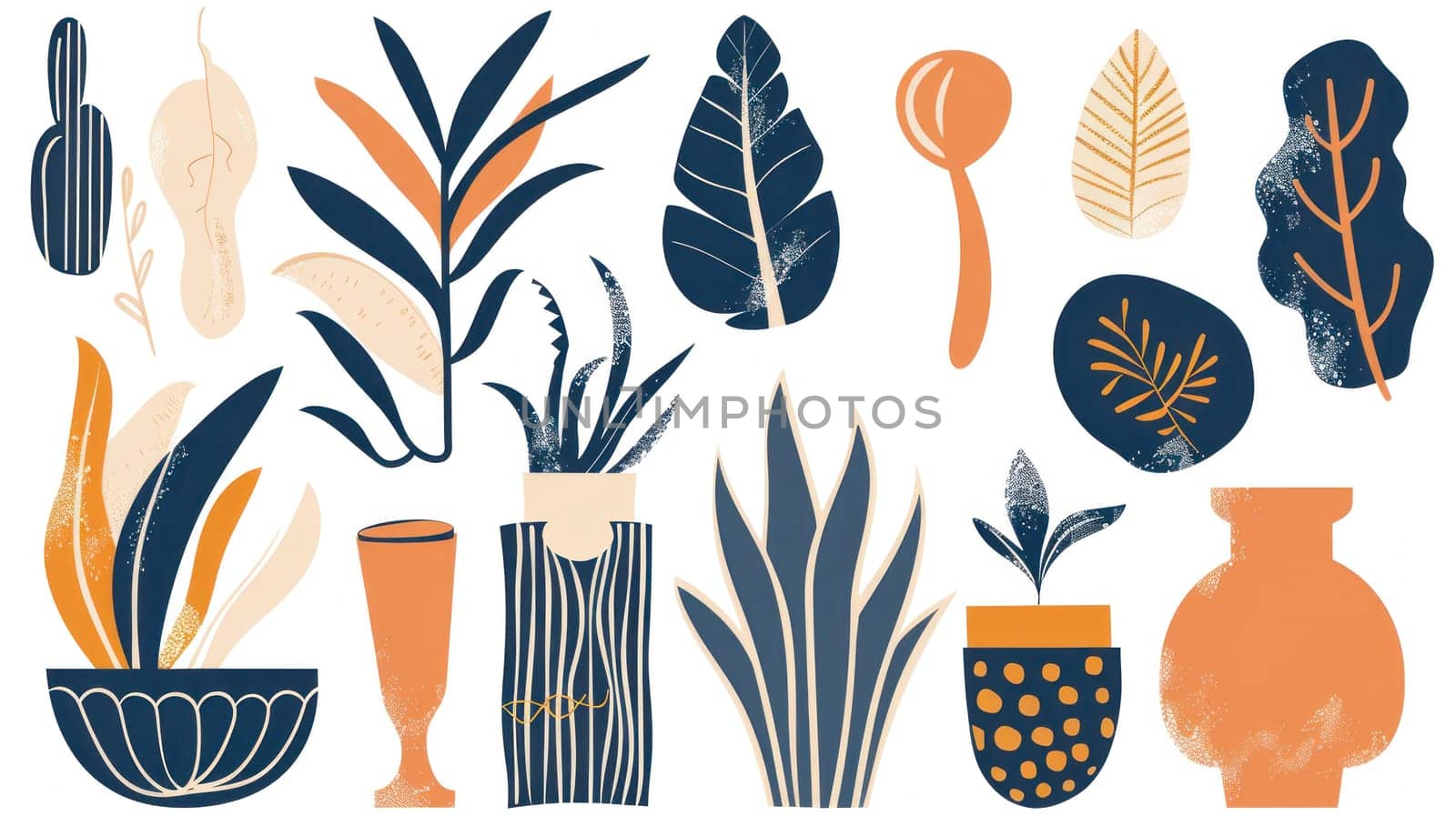 Collection of various plants and leaves in vases on white background for home decor and botanical design