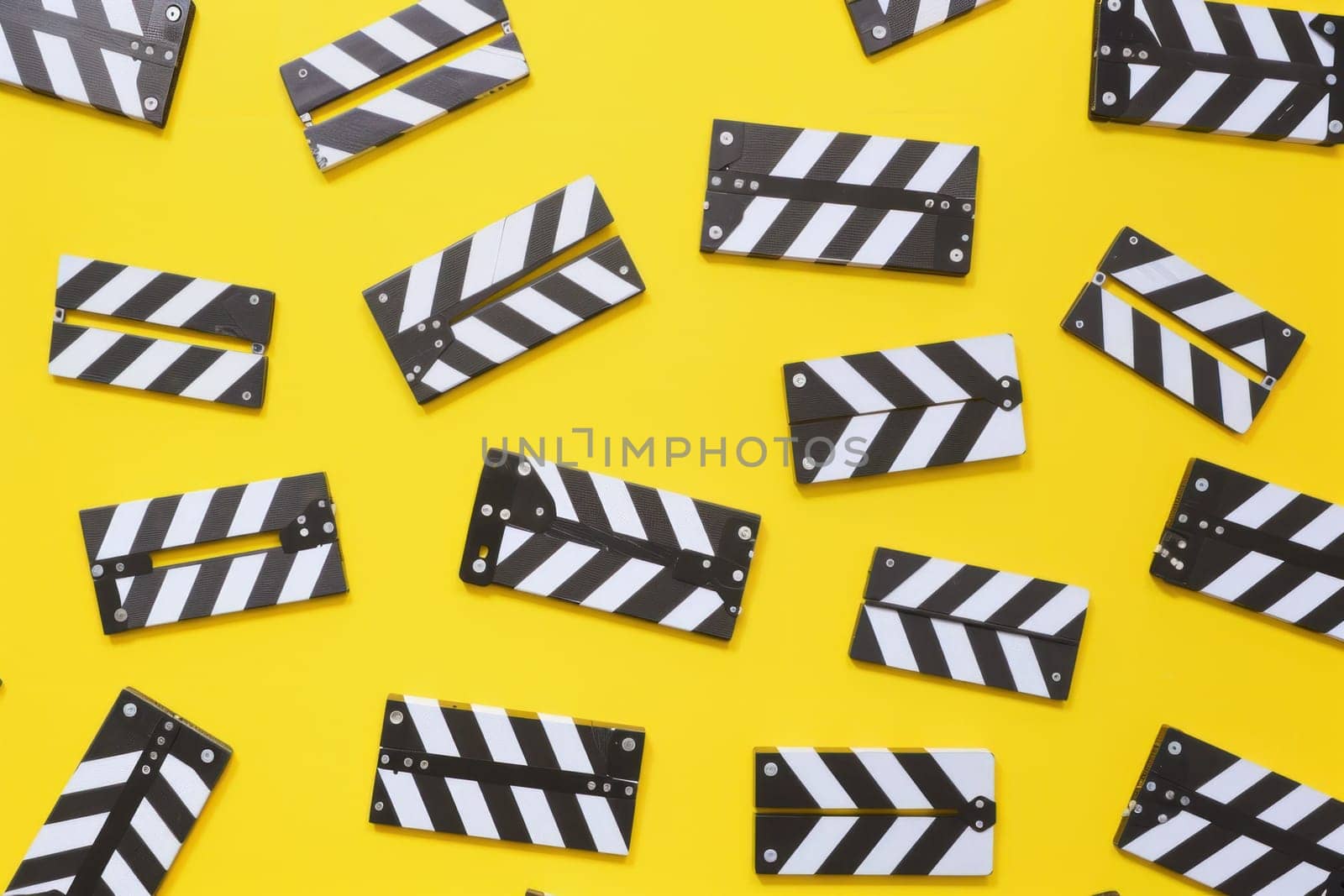 Black and white clapper boards on yellow background with stripes for filmmaking and media production by Vichizh