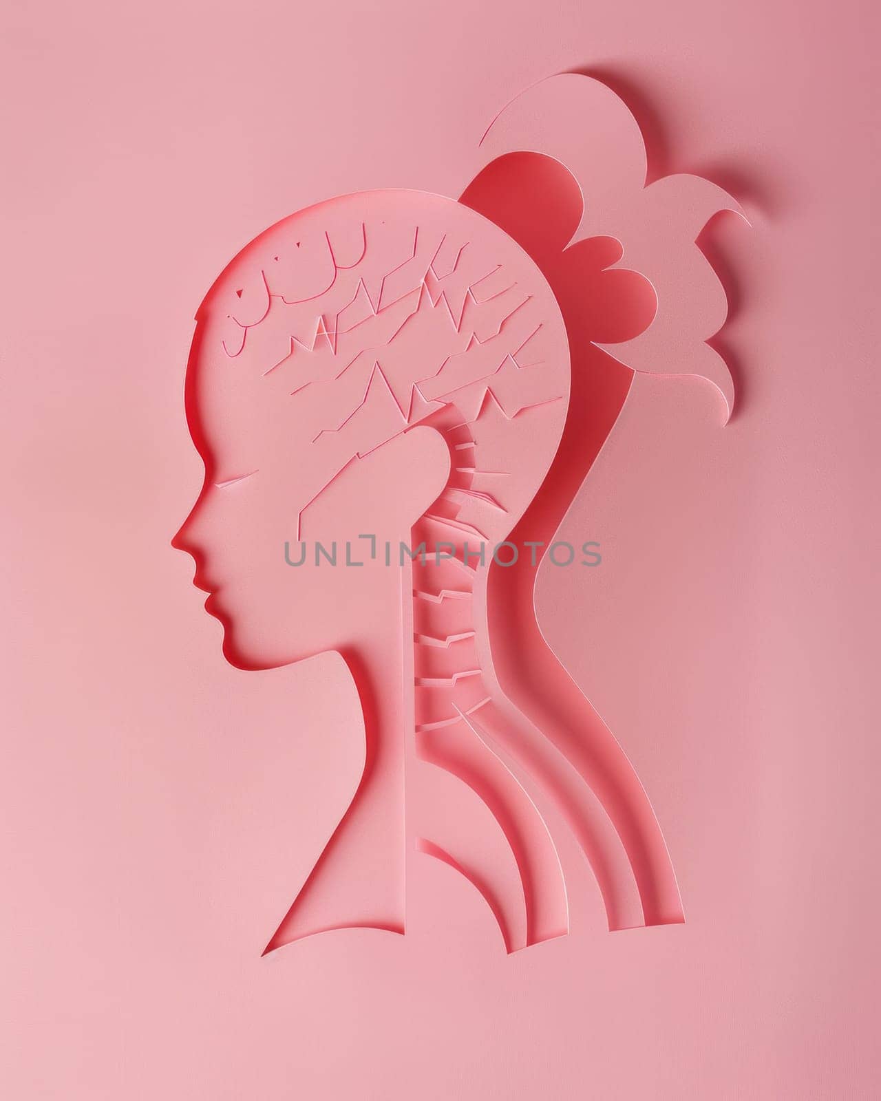 Conceptual image of a woman's brain cutout on pink background symbolizing medical science and neuroscience research by Vichizh